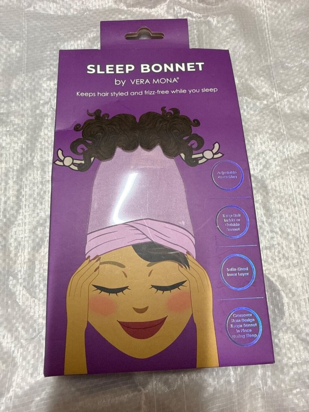 Vera Mona Sleep Bonnet Adjustable Satin Lined Frizz‑Free Hair Cap New in Box